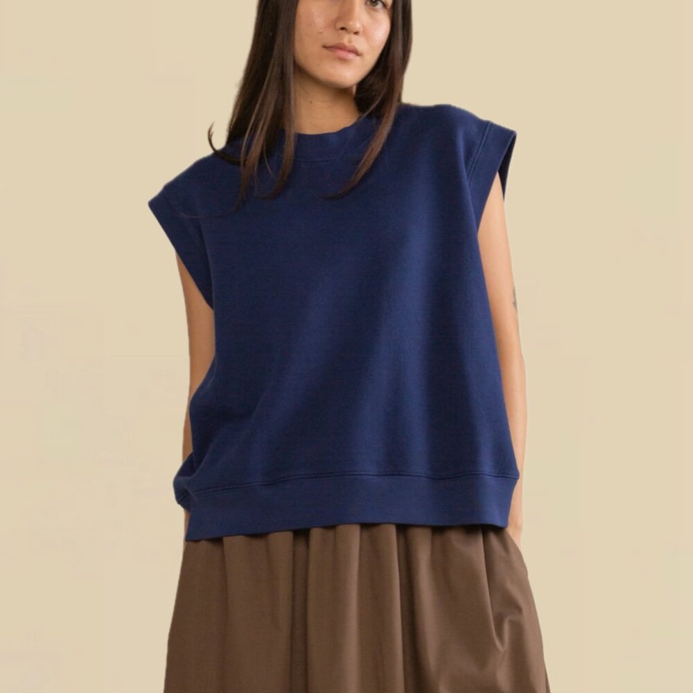 (NWOT) NLT Cotton-Fleece Boxy Garment-Dye Sleeveless Sweatshirt Vest (True Navy) - Picture 3 of 16